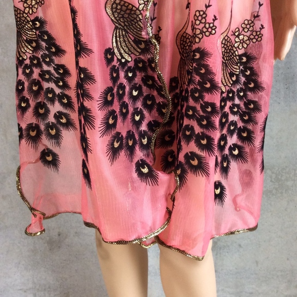🎀 PEACOCK EMBROIDERED SCARF LONG WRAP BOHO CHIC PRETTY PINK VINTAGE DESIGNER - Picture 6 of 8
